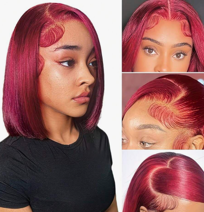 Brazilian Human Hair 99J Burgundy & Red Highlighted Wig 150% Density Short Bob With Side Part Lace Front Straight Style Realistic Looking Wig Halloween