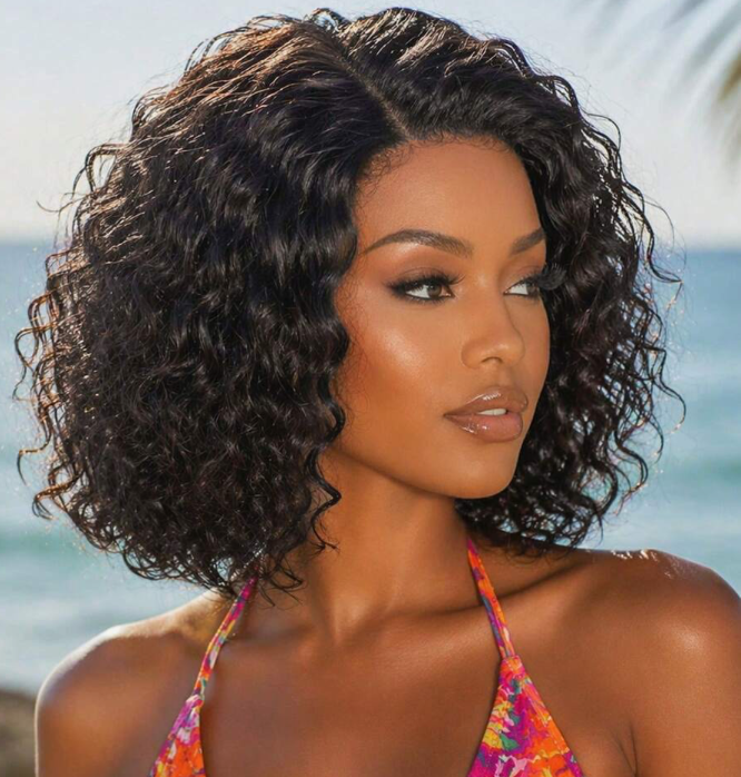 BreezeEase Water Wave Bob Wig Human Hair Glueless Lace Front Wigs For Women Mixed Brown Color Human Hair Wig Wear & Go Hair Wigs Curly Wig Side Part 10" Summer Elegant Casual Chic Y2K Party Wedding Graduation Prom Festival Formal Streetwear Boho Spring