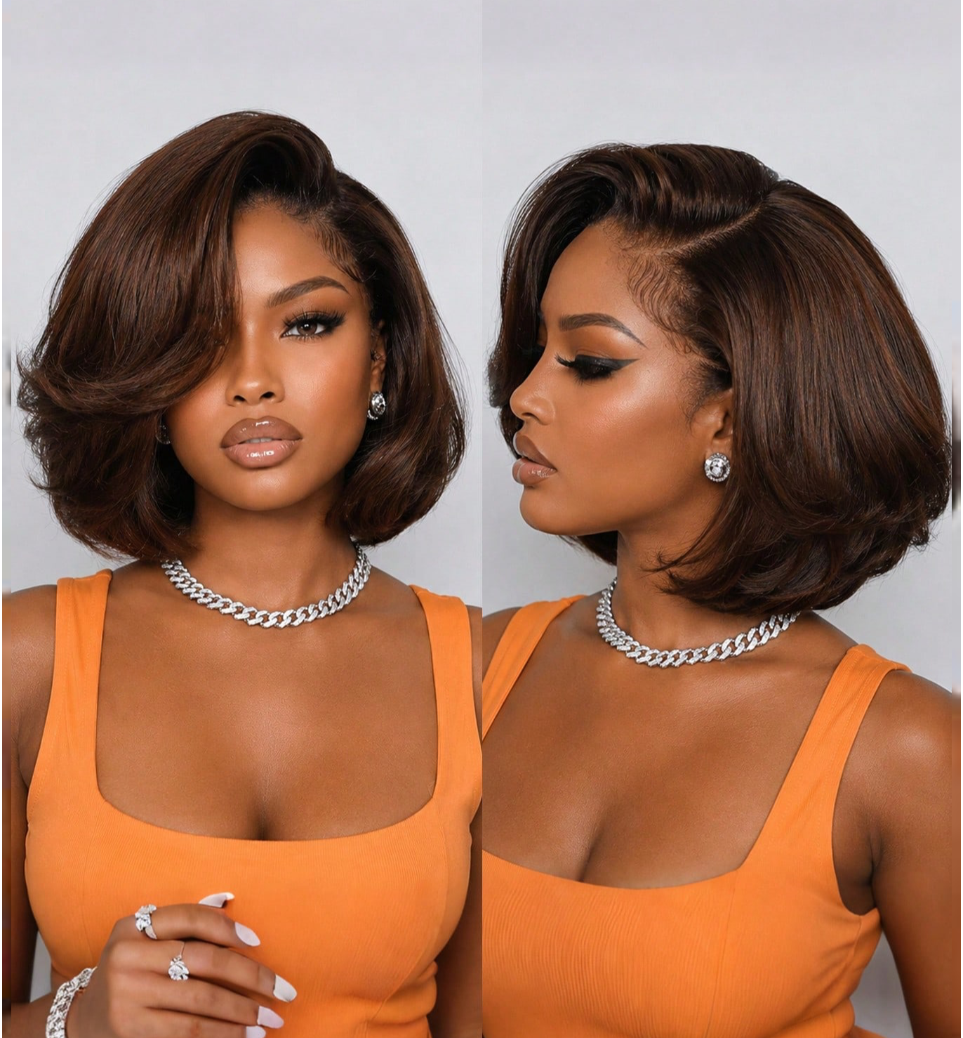 BreezeEase Wear Go Glueless Bob Wig, 100% Remy Human Hair Short Bob Wigs For Summer, Pre-Styled Layers Cut, 4x4 Pre-Cut Lace, Pre Plucked Hairline, Pre Bleached, All Ready To Glam Wigs, 180% Density, 4# Chocolate Brown Colored Hair, Elegant Chic Lady Boss Look