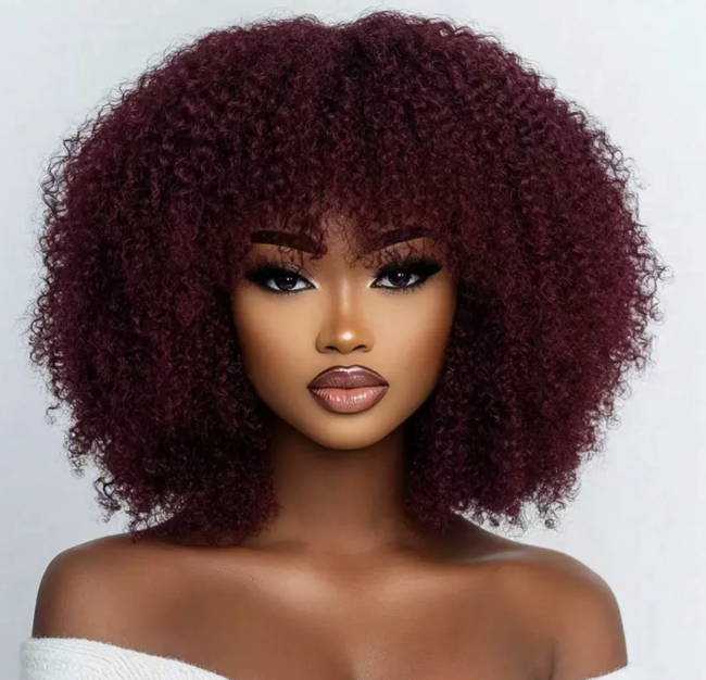 Density Pro Afro Kinky Curly Bob Wig With Bangs Human Hair Fluffy Curly Bob Bang Wigs Glueless Wear And Go Bob Wig Burgundy 99J Big Hair Halloween Costumes